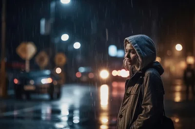 Young Woman Standing Alone Under Rain at Night