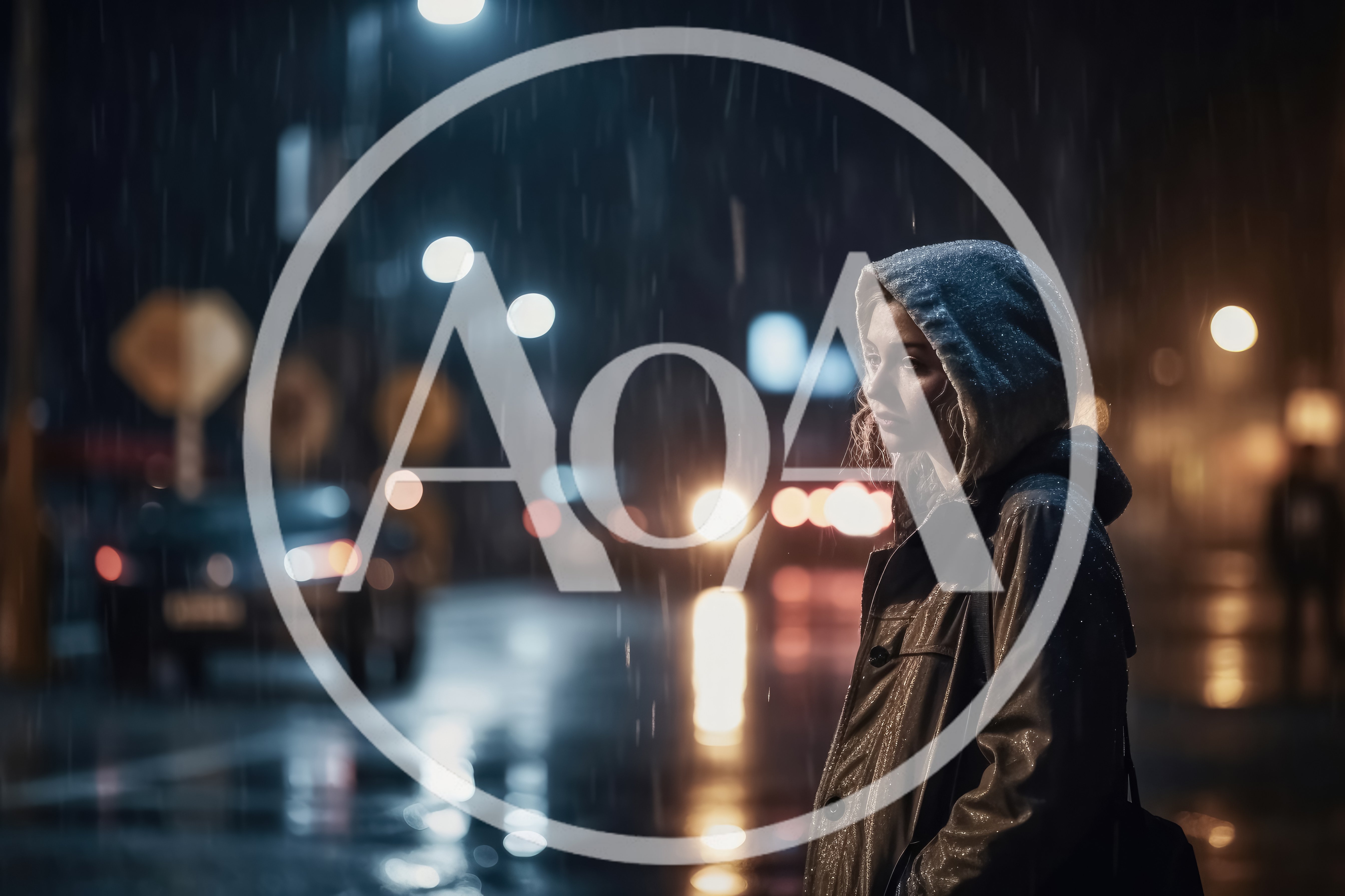 Young Woman Standing Alone Under Rain at Night