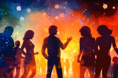 Silhouettes Of People Socializing At A Vibrant Night Party