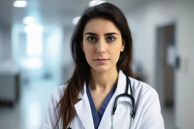Portrait Of A Female Doctor In A Hospital Corridor