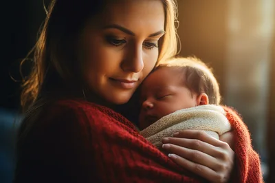 Mother Gently Holding Her Sleeping Newborn Baby