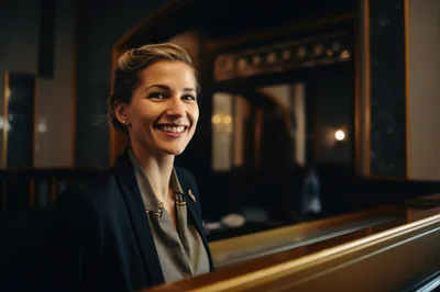 Professional Hotel Receptionist Smiling At Front Desk