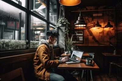 Young Asian Man Working On Laptop In Cafe