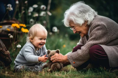 Elderly Woman Playing With Toddler And Teddy Bear