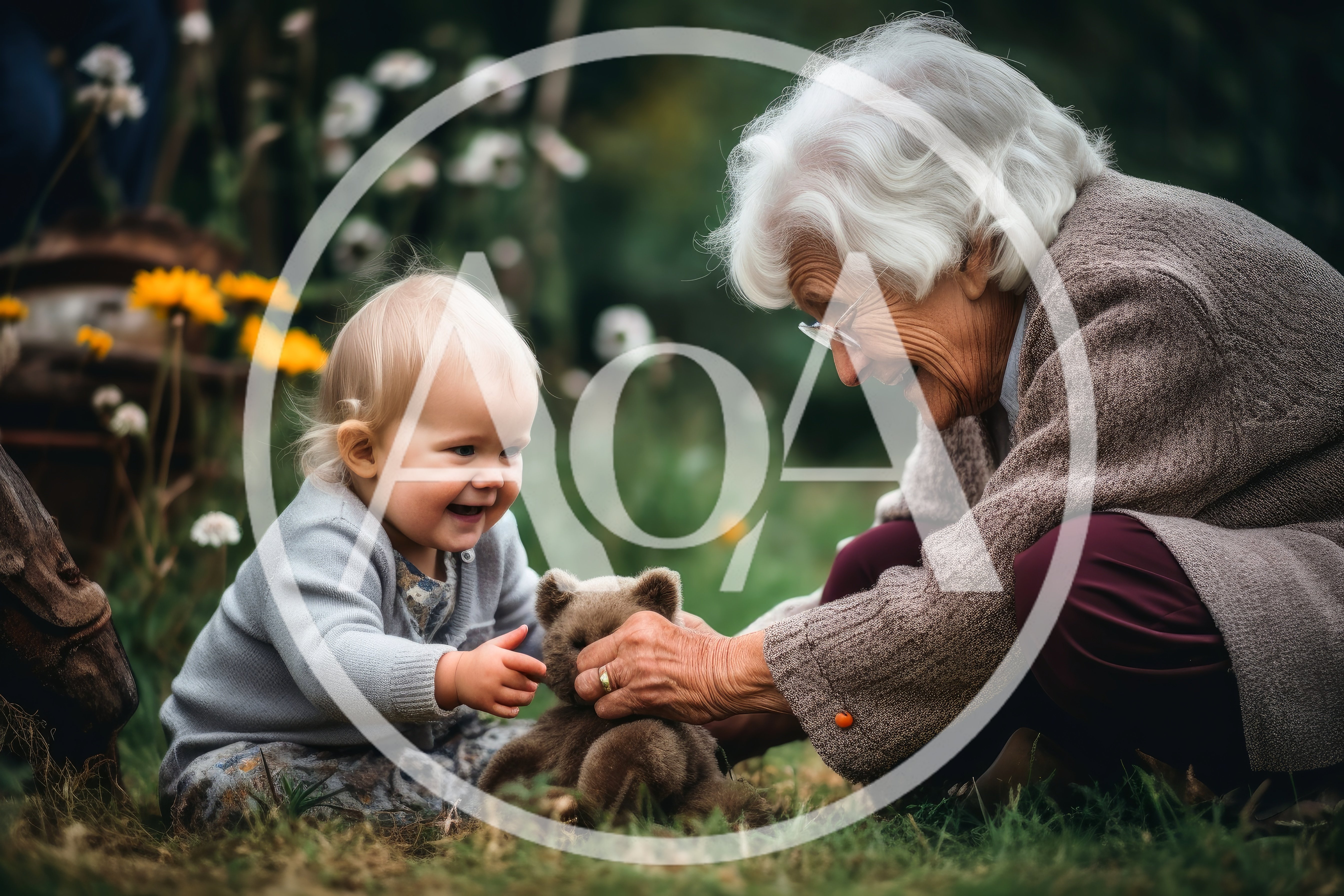 Elderly Woman Playing With Toddler And Teddy Bear