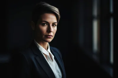 Professional Businesswoman With Short Hair In Dark Office