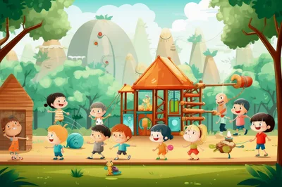 Happy Children Playing Together At A Colorful Playground