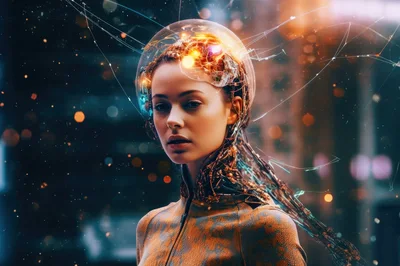Futuristic Cyborg Woman With Glowing Neural Network Brain