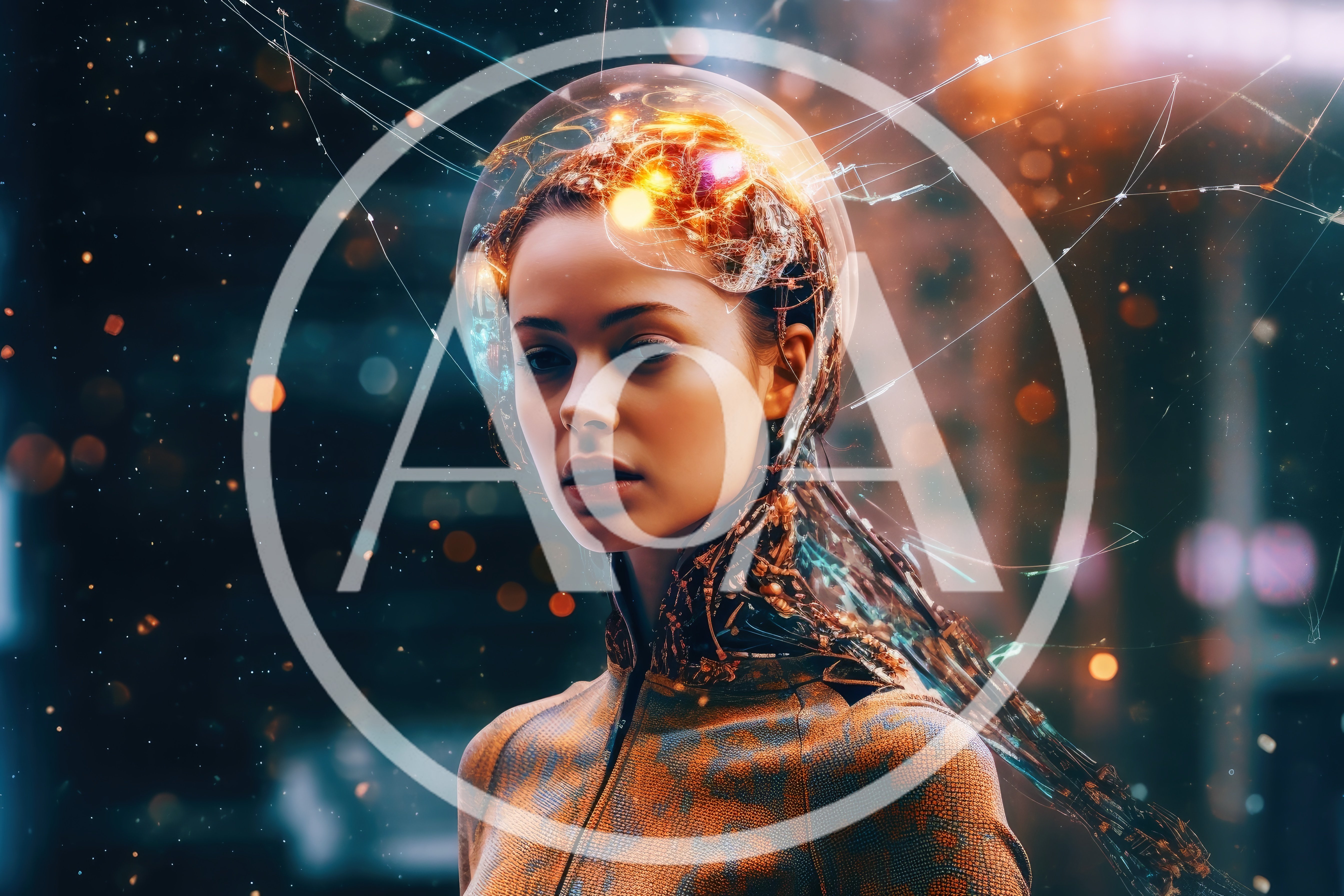 Futuristic Cyborg Woman With Glowing Neural Network Brain