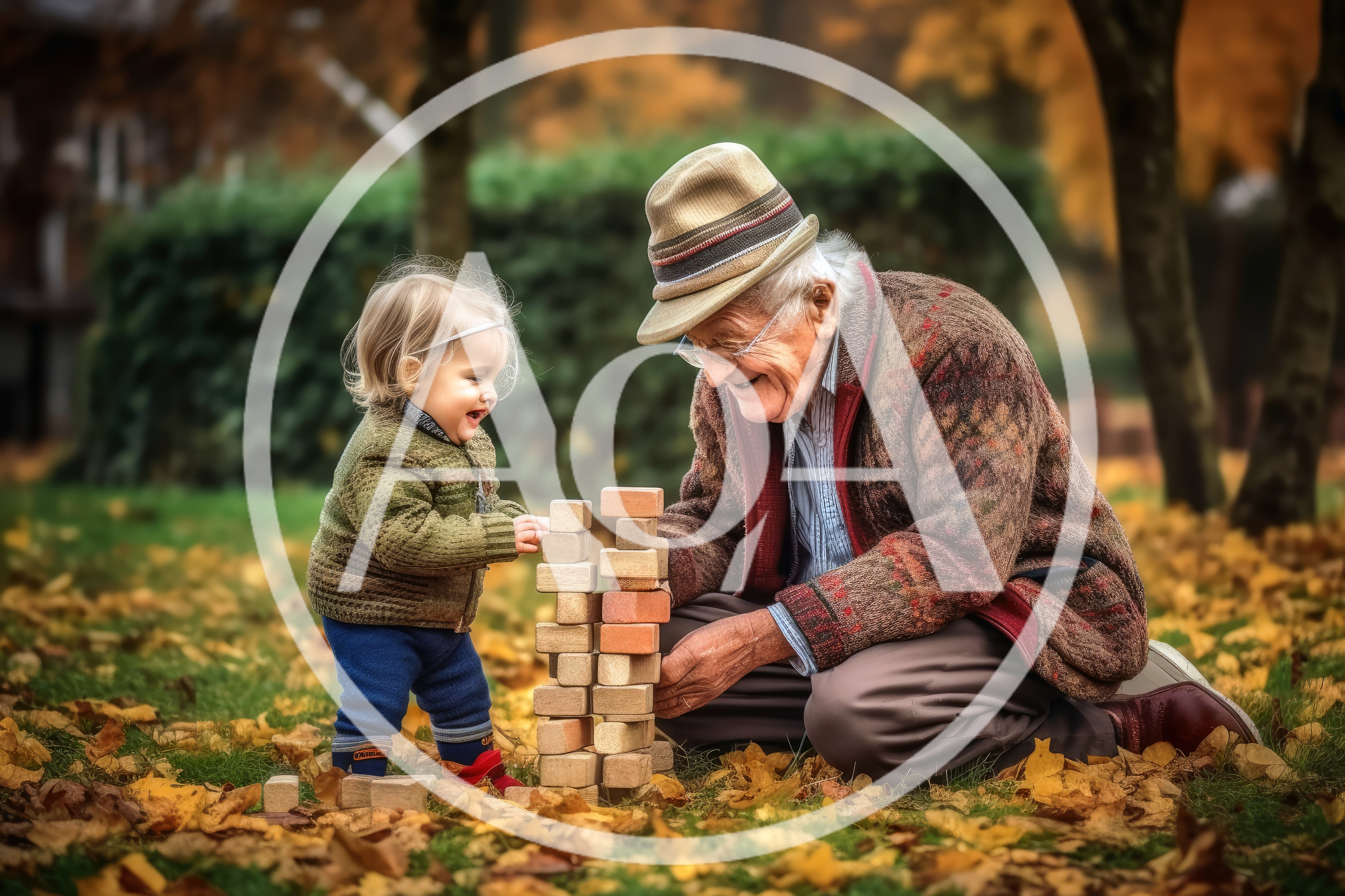 Grandfather and Toddler Playing with Wooden Blocks Outdoors