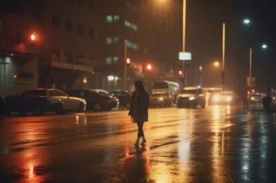 Person Walking Alone on Rainy City Street at Night