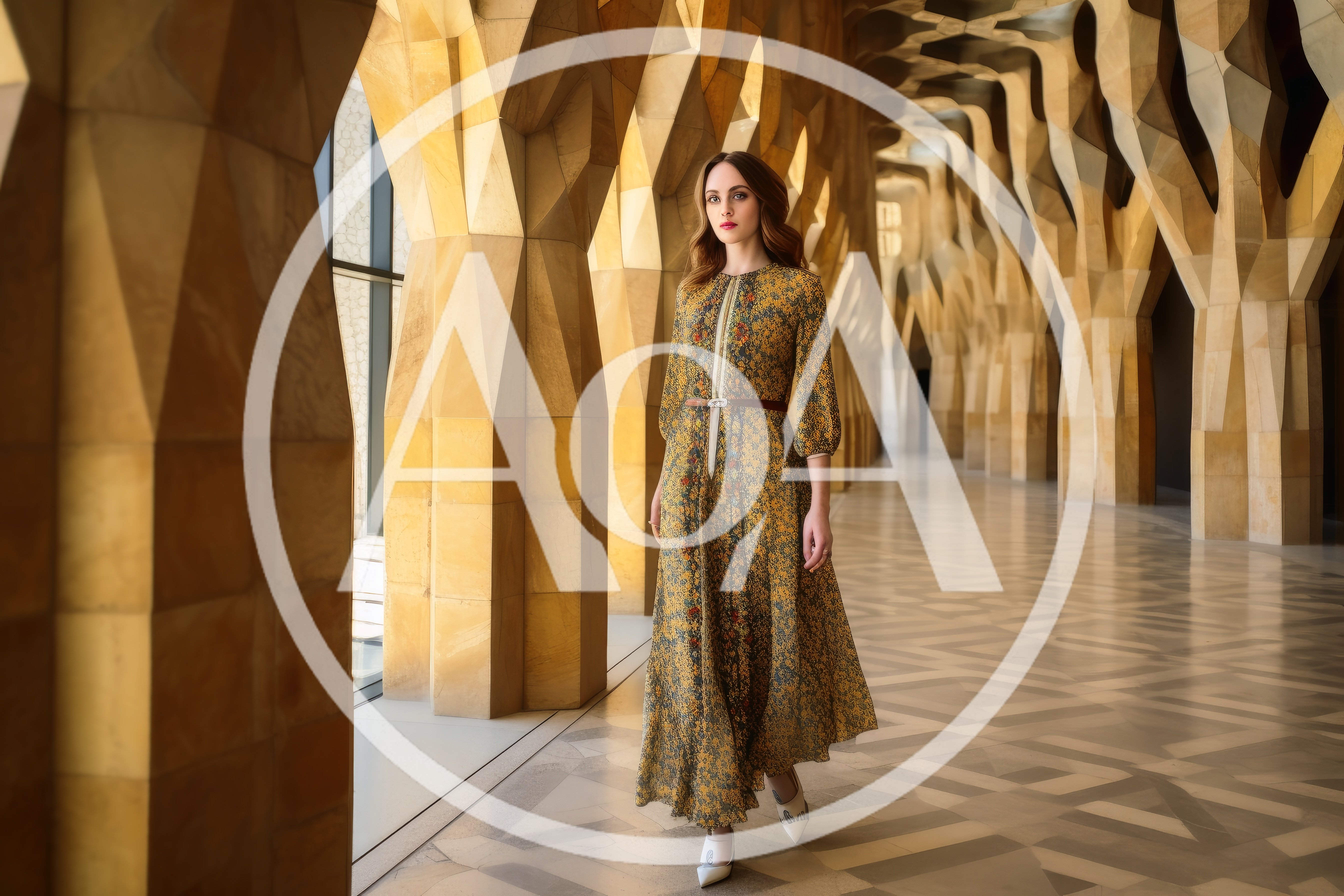 Elegant Woman Walking Through Modern Architectural Hallway
