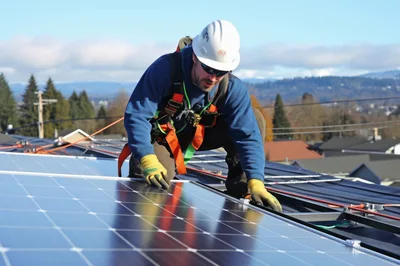Solar Panel Installer Working On Residential Roof