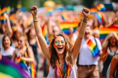 Excited Young Woman Celebrating At A Pride Parade