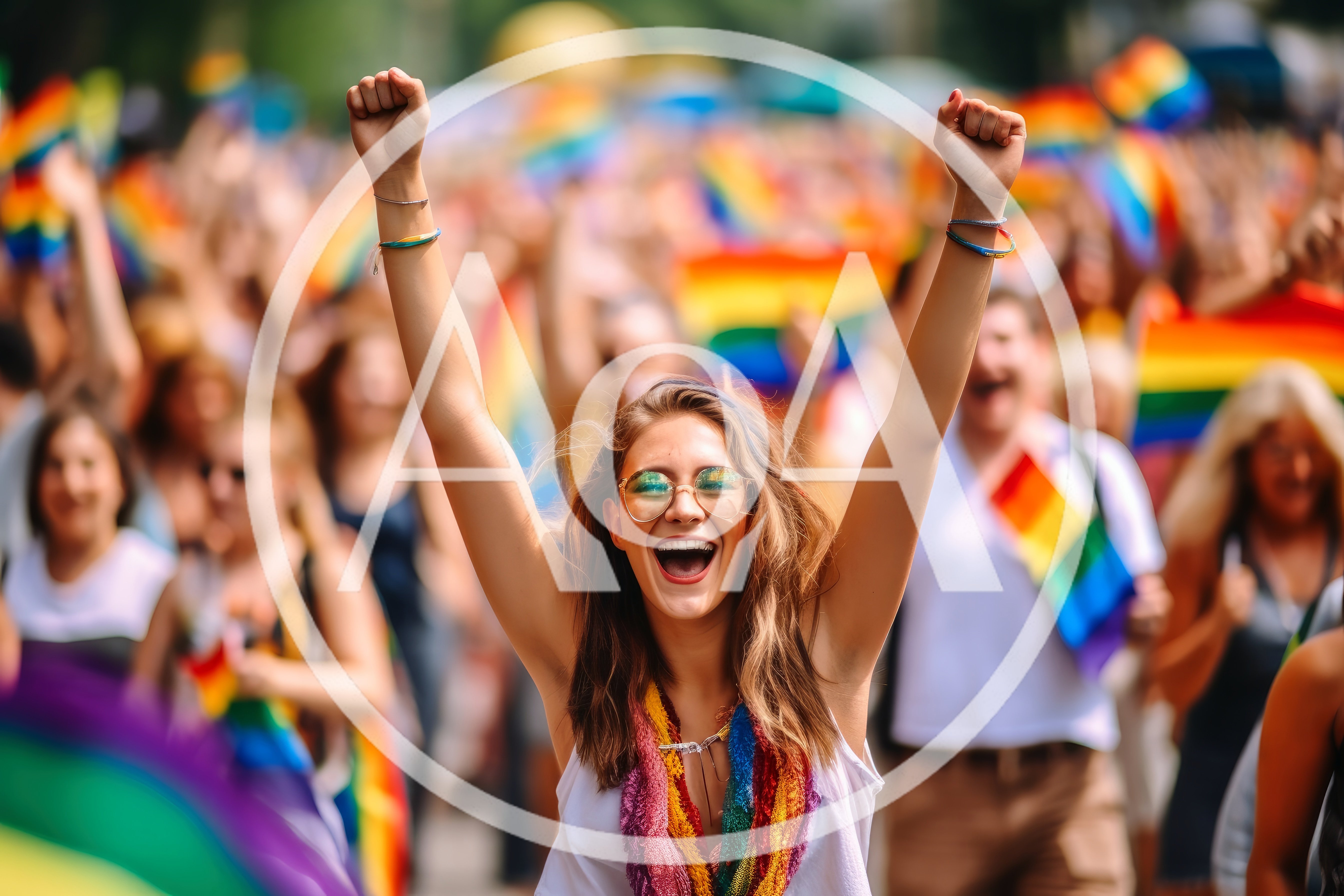 Excited Young Woman Celebrating At A Pride Parade