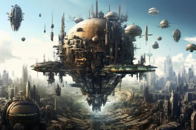Futuristic Floating City Above A Dystopian Metropolis