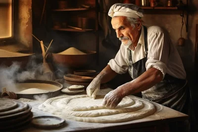 Elderly Baker Kneading Dough In Rustic Kitchen