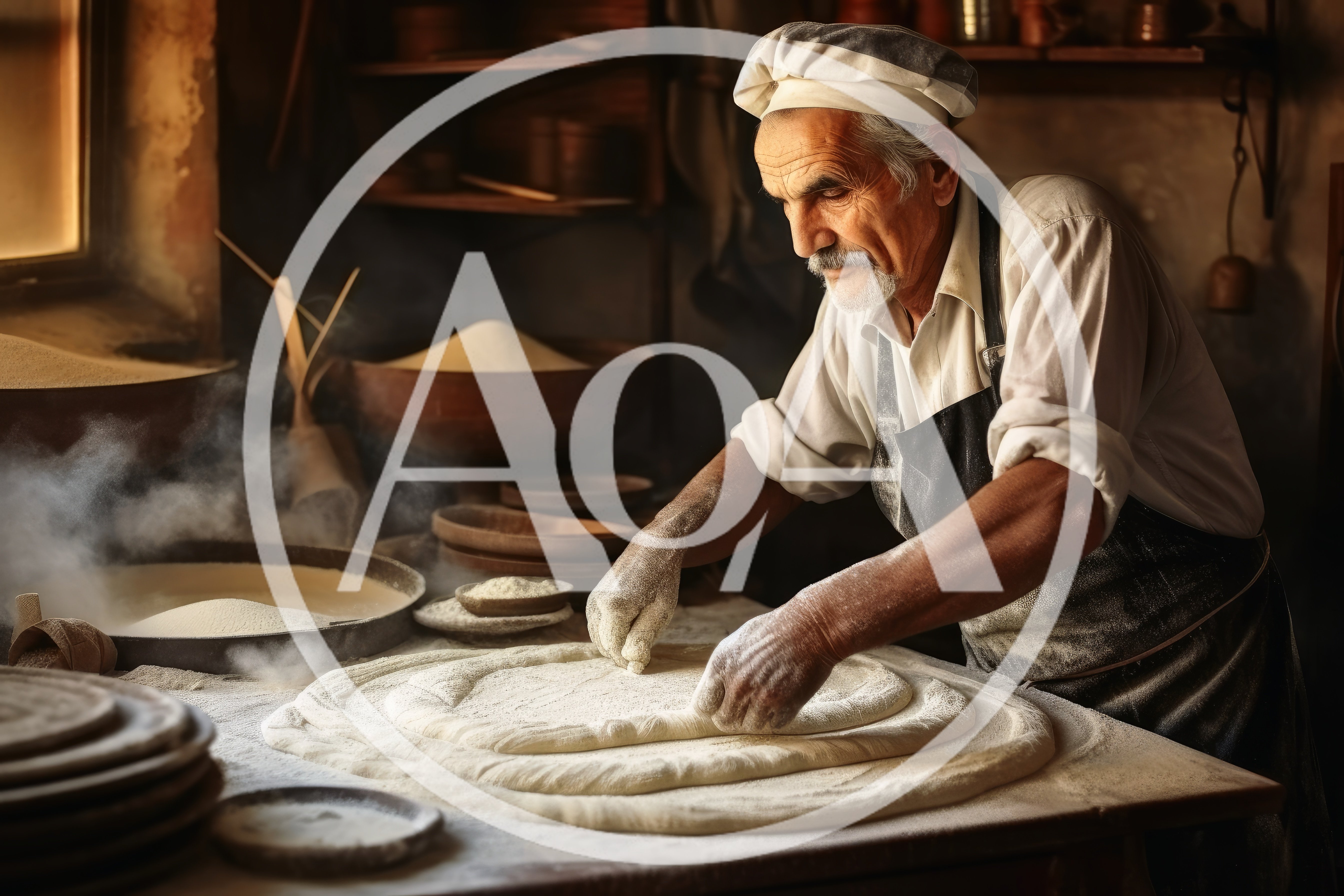 Elderly Baker Kneading Dough In Rustic Kitchen