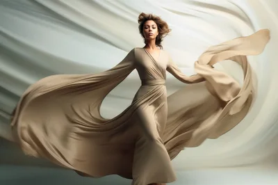 Elegant Woman In Flowing Beige Silk Dress