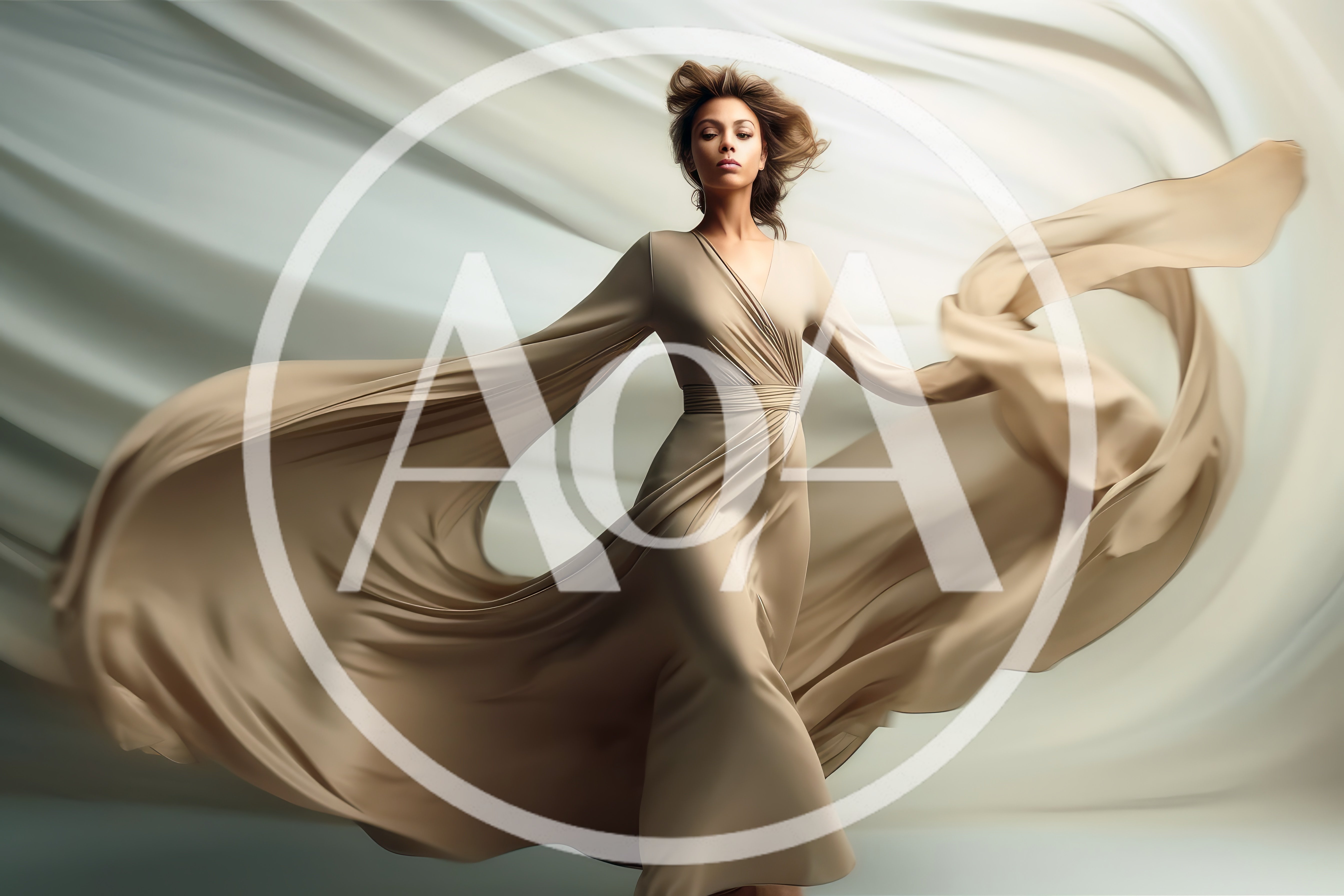 Elegant Woman In Flowing Beige Silk Dress