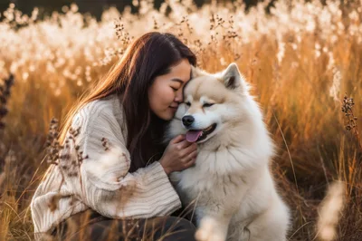 Young Woman Cuddling Her Fluffy Dog in Golden Field