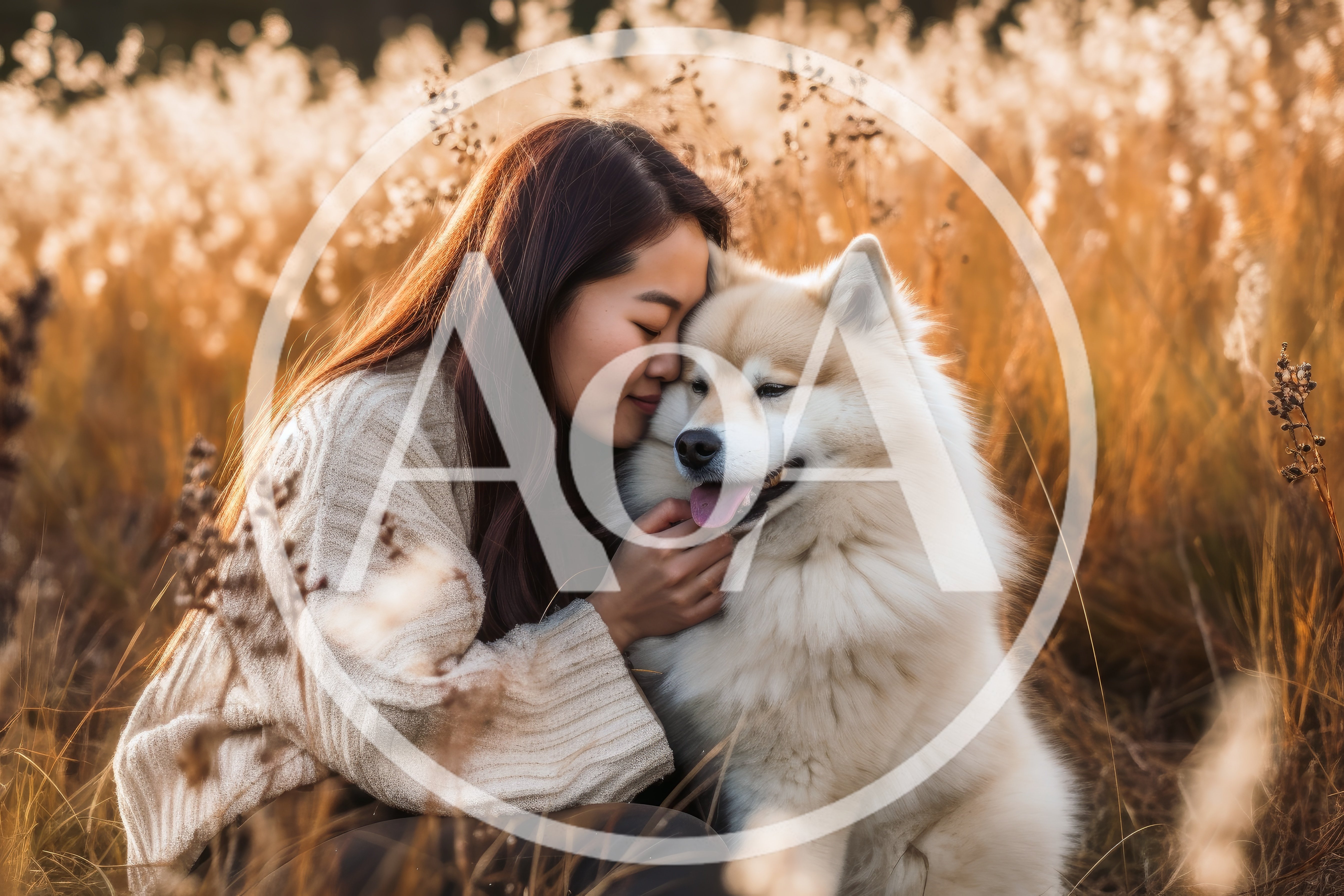 Young Woman Cuddling Her Fluffy Dog in Golden Field