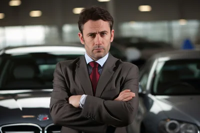 Serious Car Salesman Standing In A Dealership Showroom