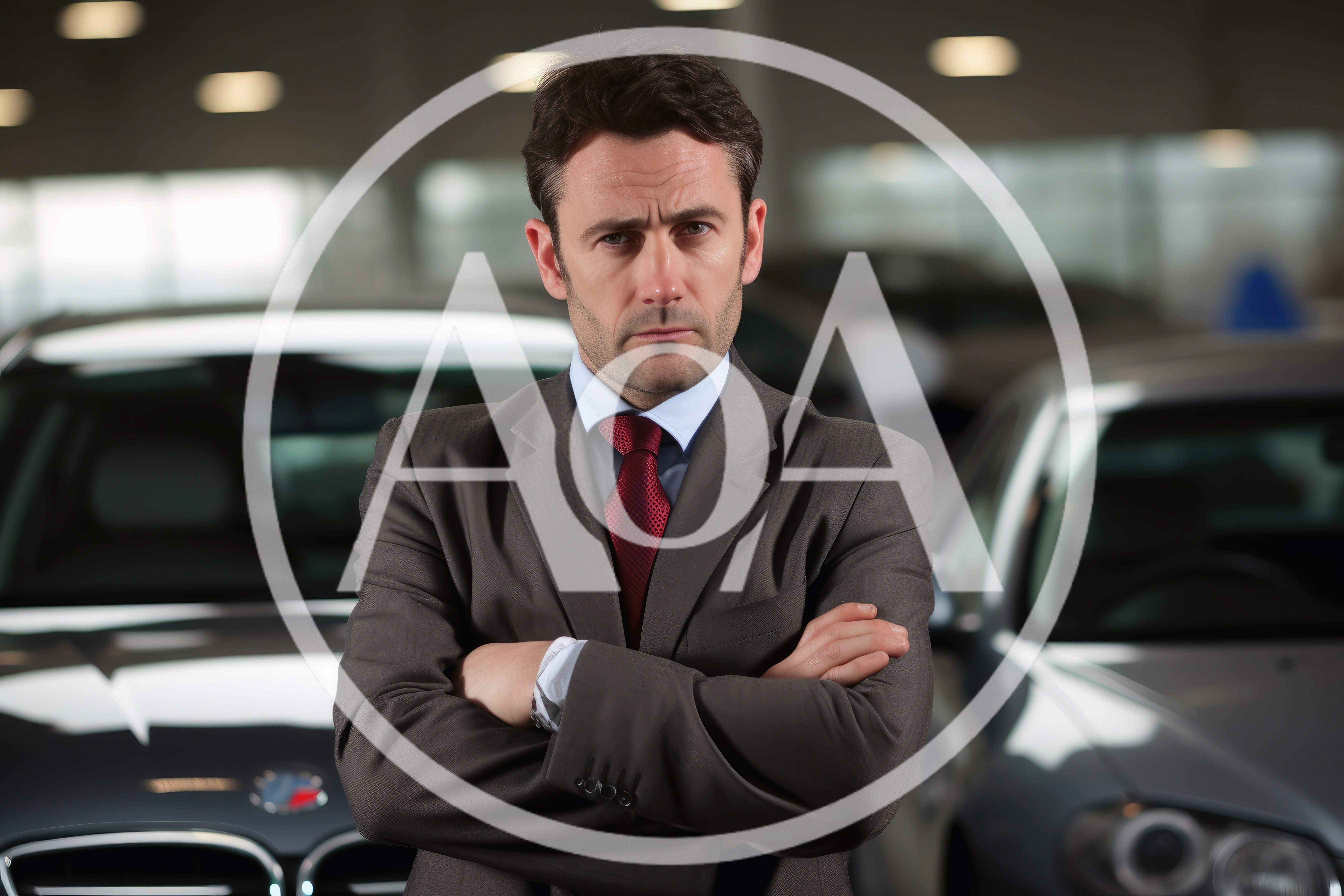 Serious Car Salesman Standing In A Dealership Showroom
