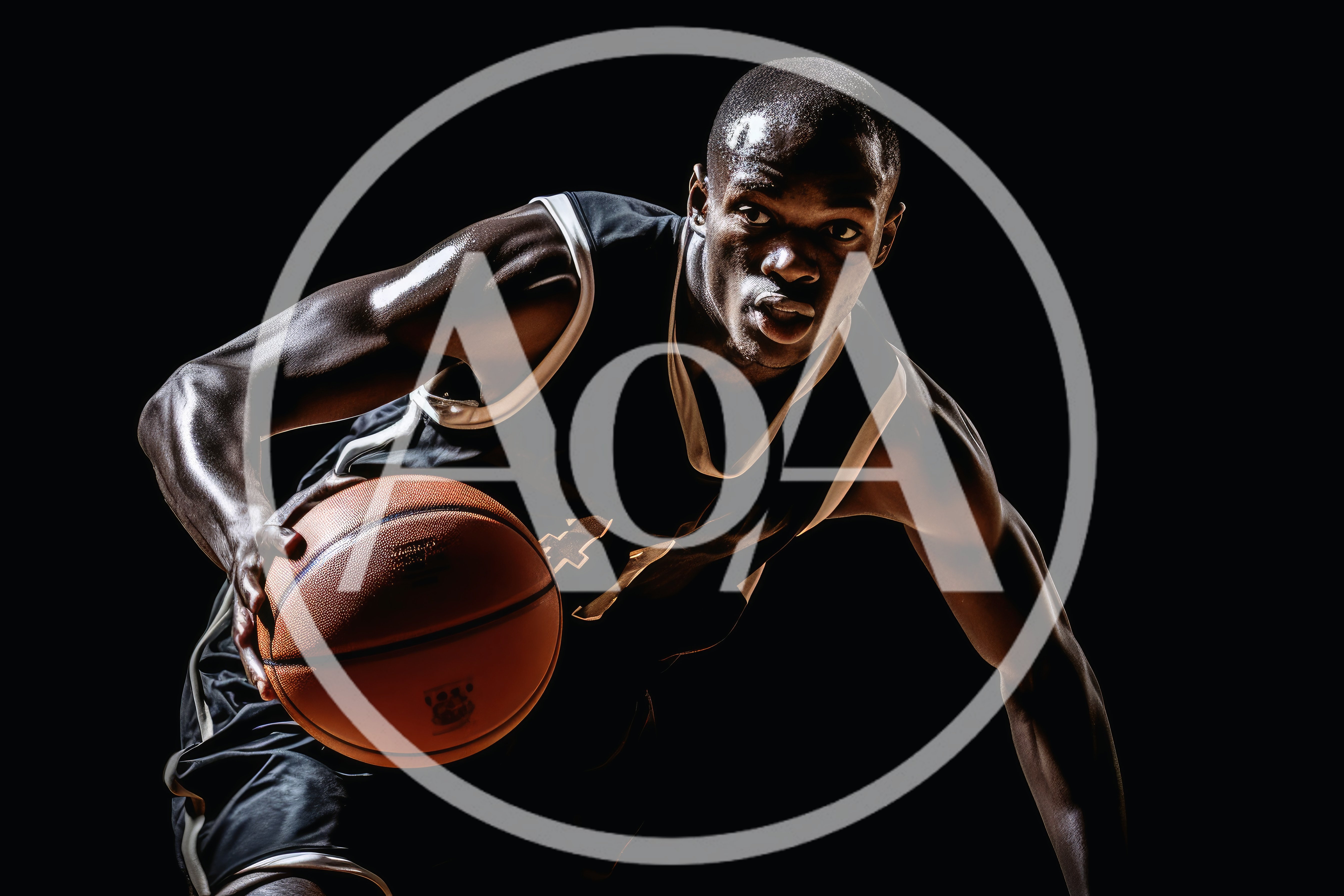 Athletic Basketball Player Dribbling Ball Against Black Background