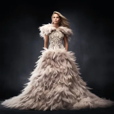 Elegant Woman In Elaborate Feathered Couture Gown