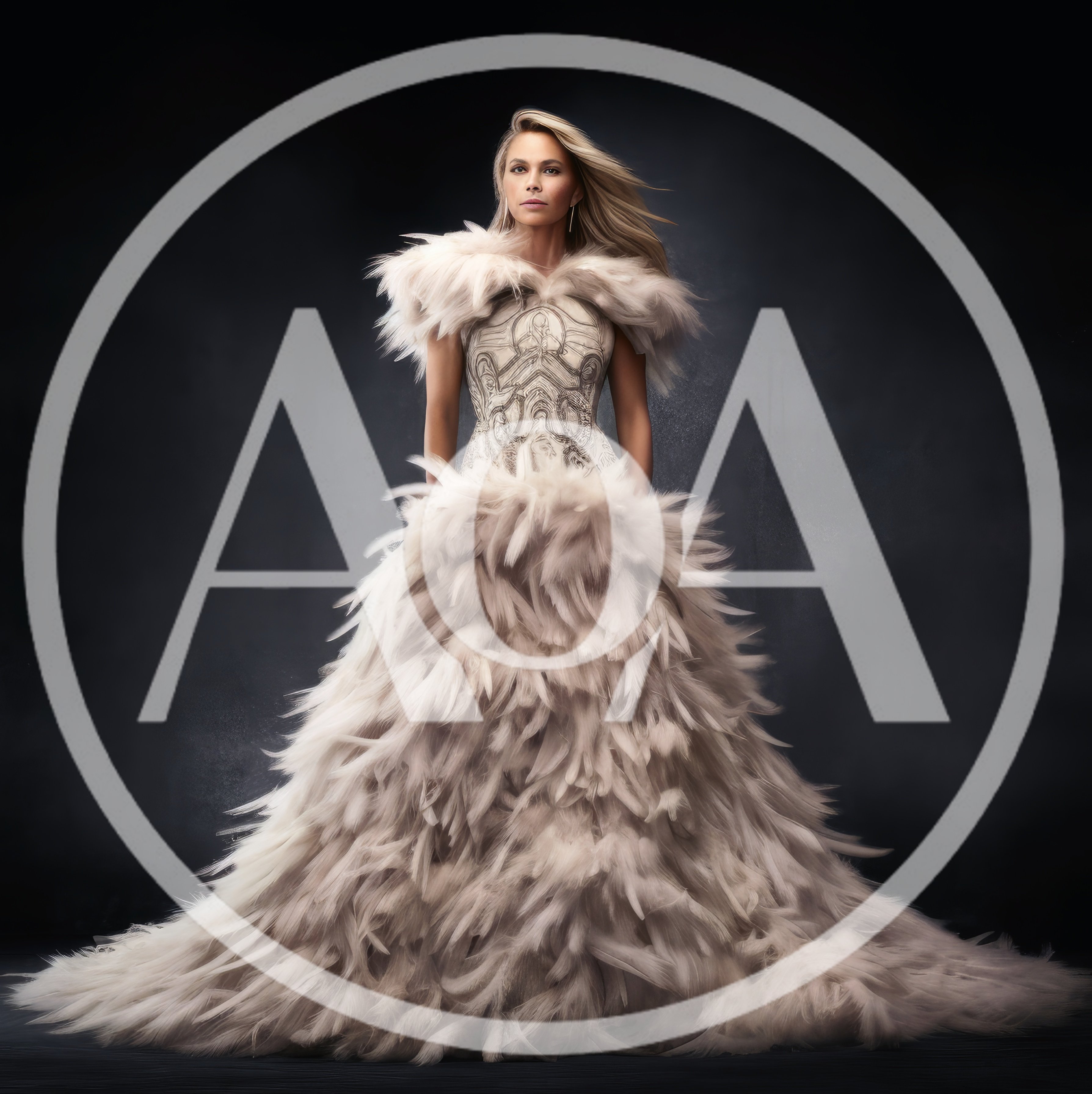 Elegant Woman In Elaborate Feathered Couture Gown