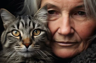 Close Up Portrait Of An Elderly Woman And Her Cat