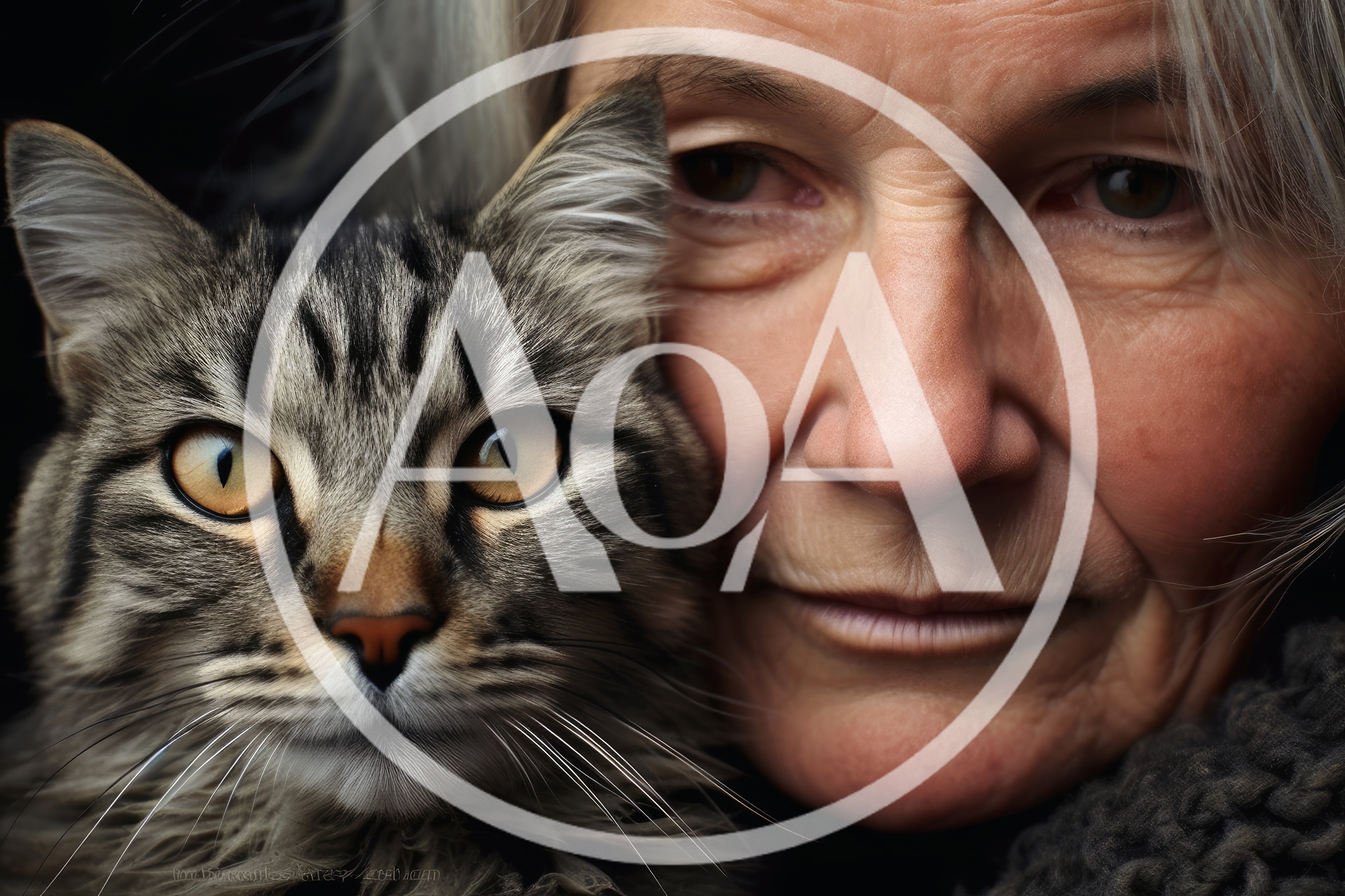 Close Up Portrait Of An Elderly Woman And Her Cat