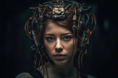 Portrait Of A Young Woman With Cybernetic Headgear