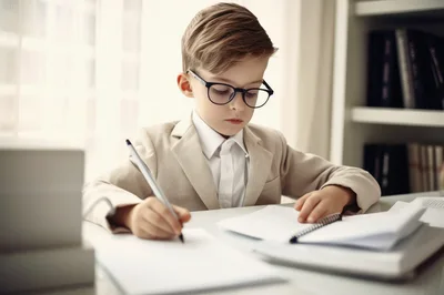 Young Boy Wearing Glasses Studying At Desk
