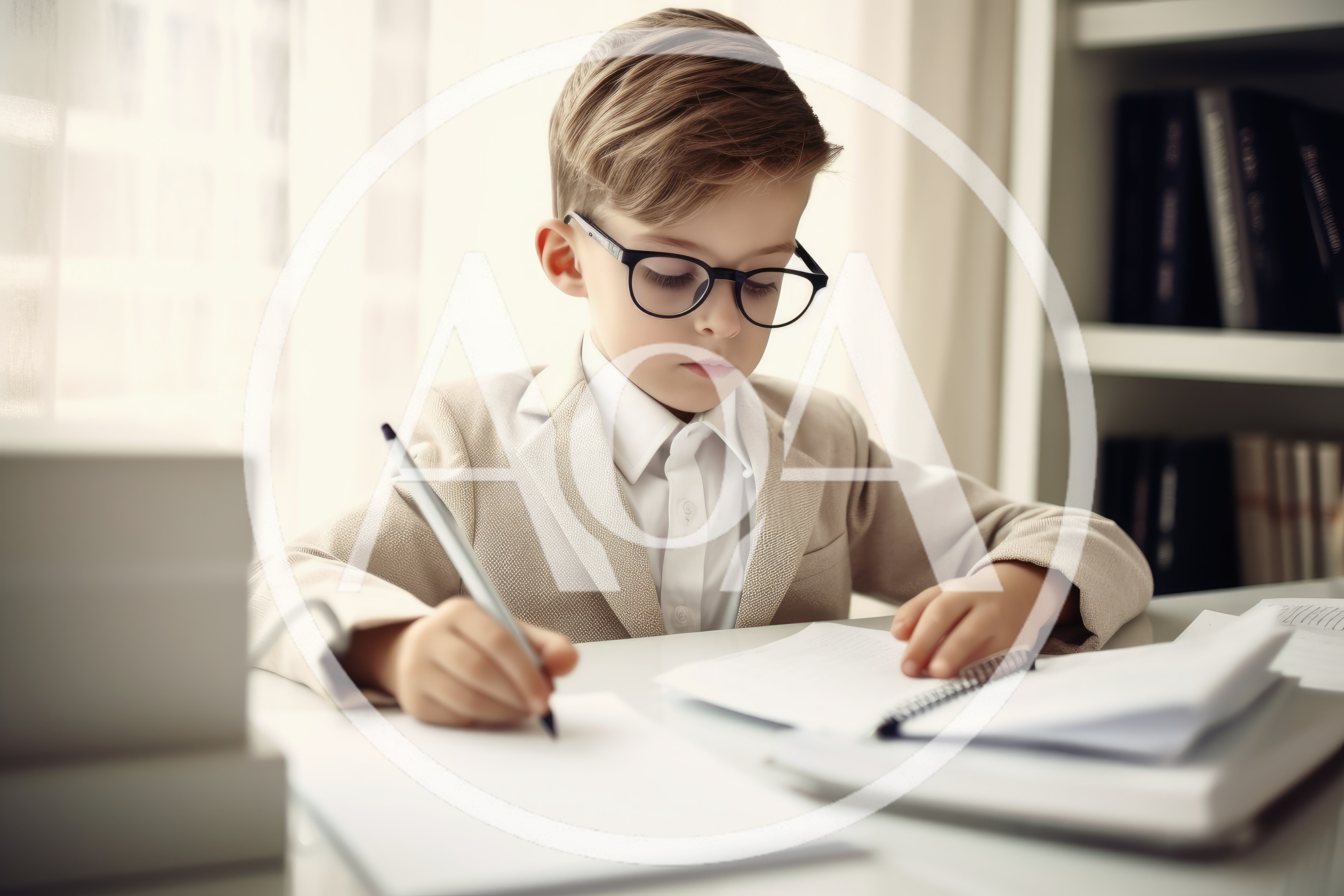Young Boy Wearing Glasses Studying At Desk