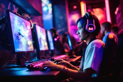 Young Gamer Playing Competitive Video Game In Esports Arena