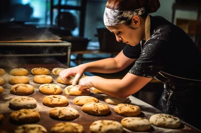 Professional Baker Preparing Fresh Dough Rolls In Bakery
