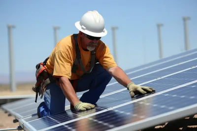 Construction Worker Installing Solar Panels In Desert