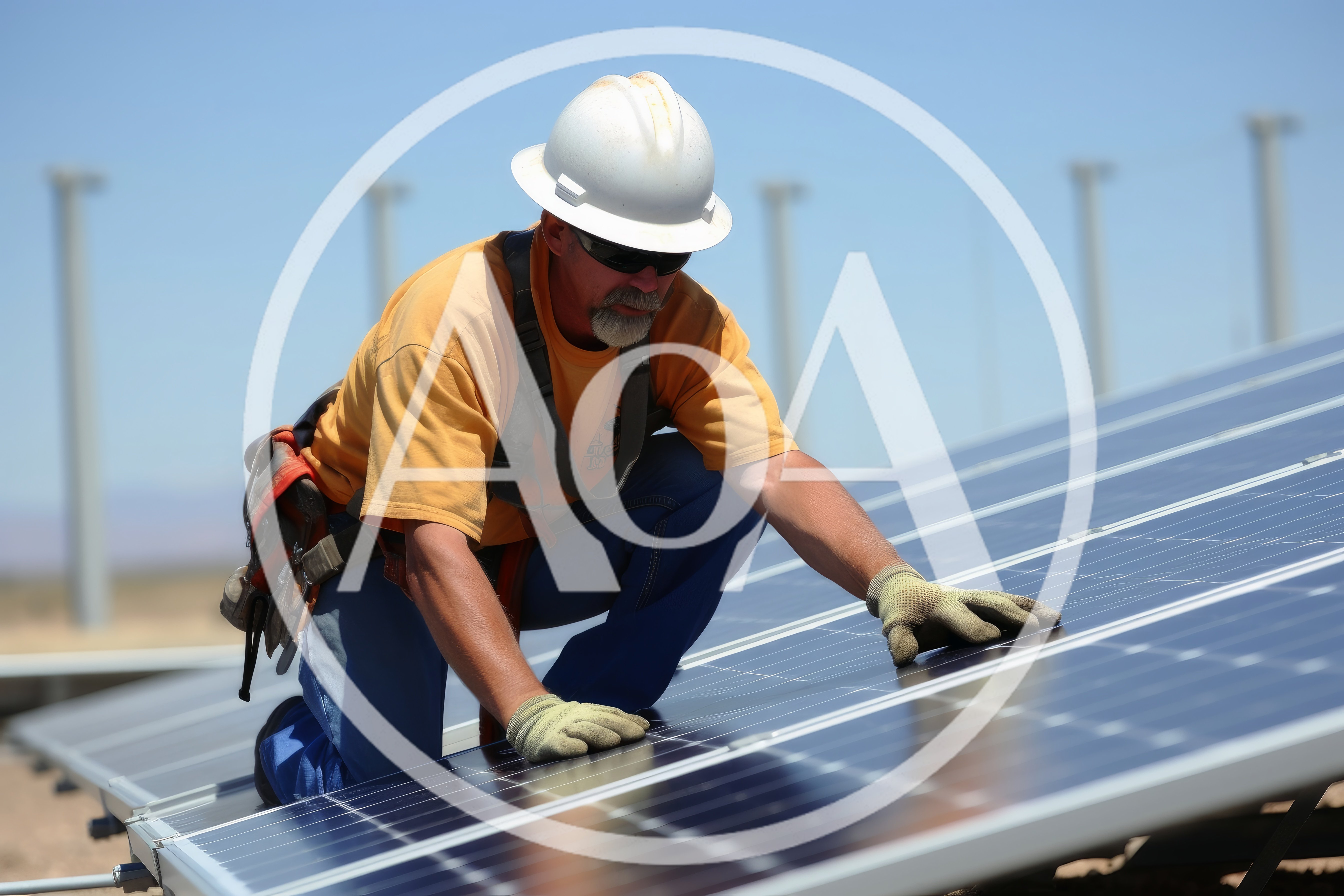 Construction Worker Installing Solar Panels In Desert