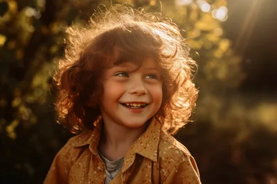 Happy Young Child With Curly Hair Outdoors