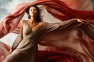 Elegant Woman Posing With Flowing Red Fabric