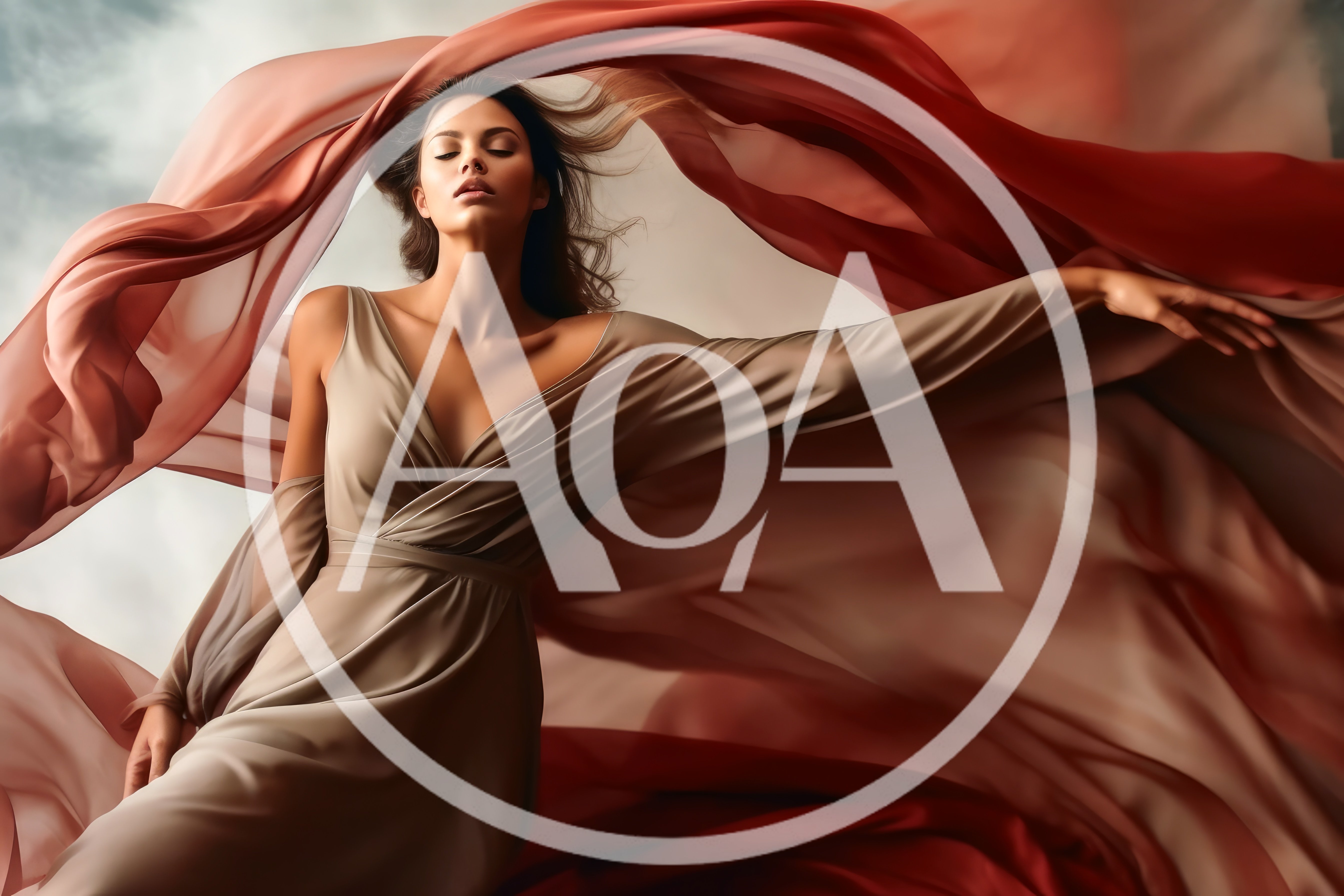 Elegant Woman Posing With Flowing Red Fabric