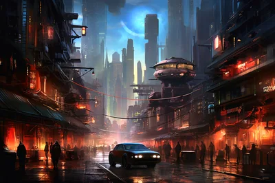 Futuristic Cyberpunk City Street With Flying Vehicle