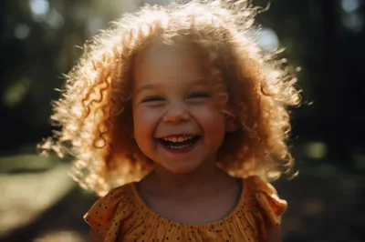 Happy Toddler Girl With Curly Hair Laughing Outdoors