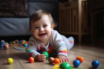 Happy Baby Playing With Colorful Wooden Balls