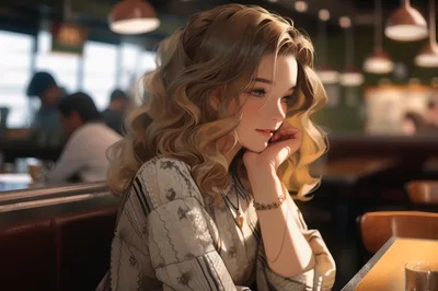 Young Woman Sitting Thoughtfully In A Cozy Cafe
