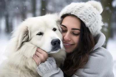 Young Woman Embracing Her Great Pyrenees Dog In Winter