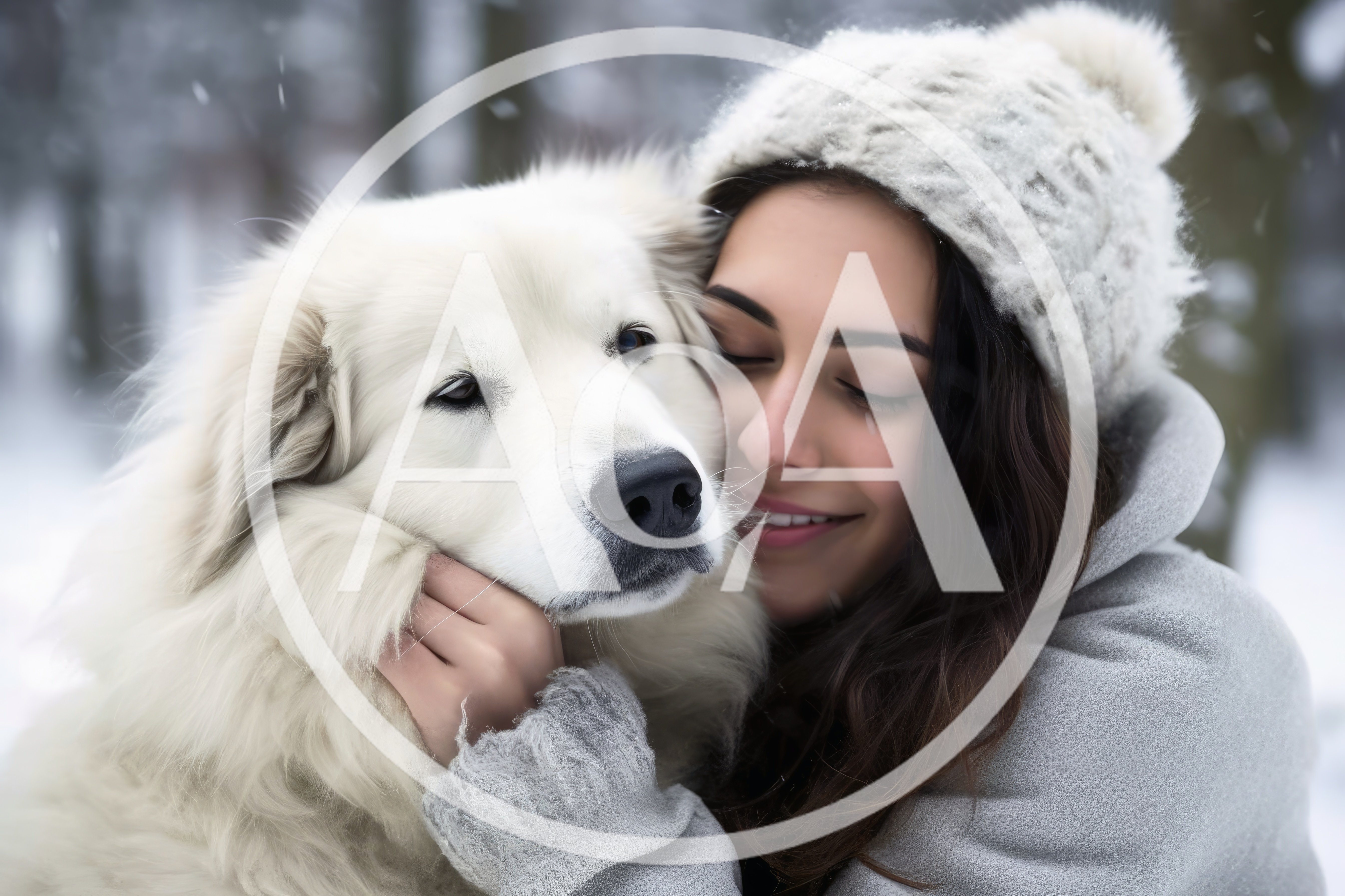 Young Woman Embracing Her Great Pyrenees Dog In Winter
