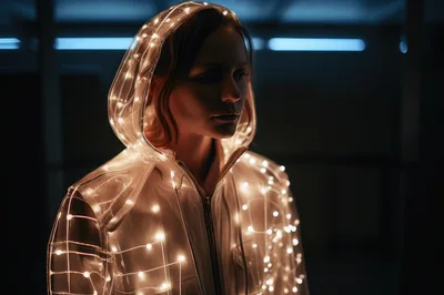 Woman Wearing Futuristic Light Up Transparent Hooded Jacket
